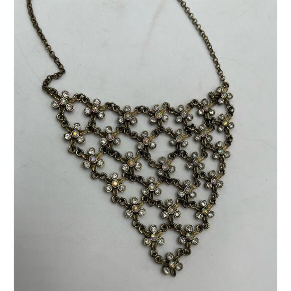 Vintage Antique Silver Chainmail Mesh Floral Rhinestone Bib Drape Necklace - Picture 8 of 9